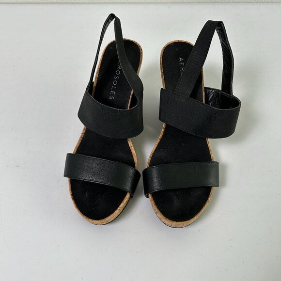 AEROSOLES Shoes - Aerosoles Putnam Wedge Sandal Womens 8.5 M Black Slingback Cork Elastic  Strap